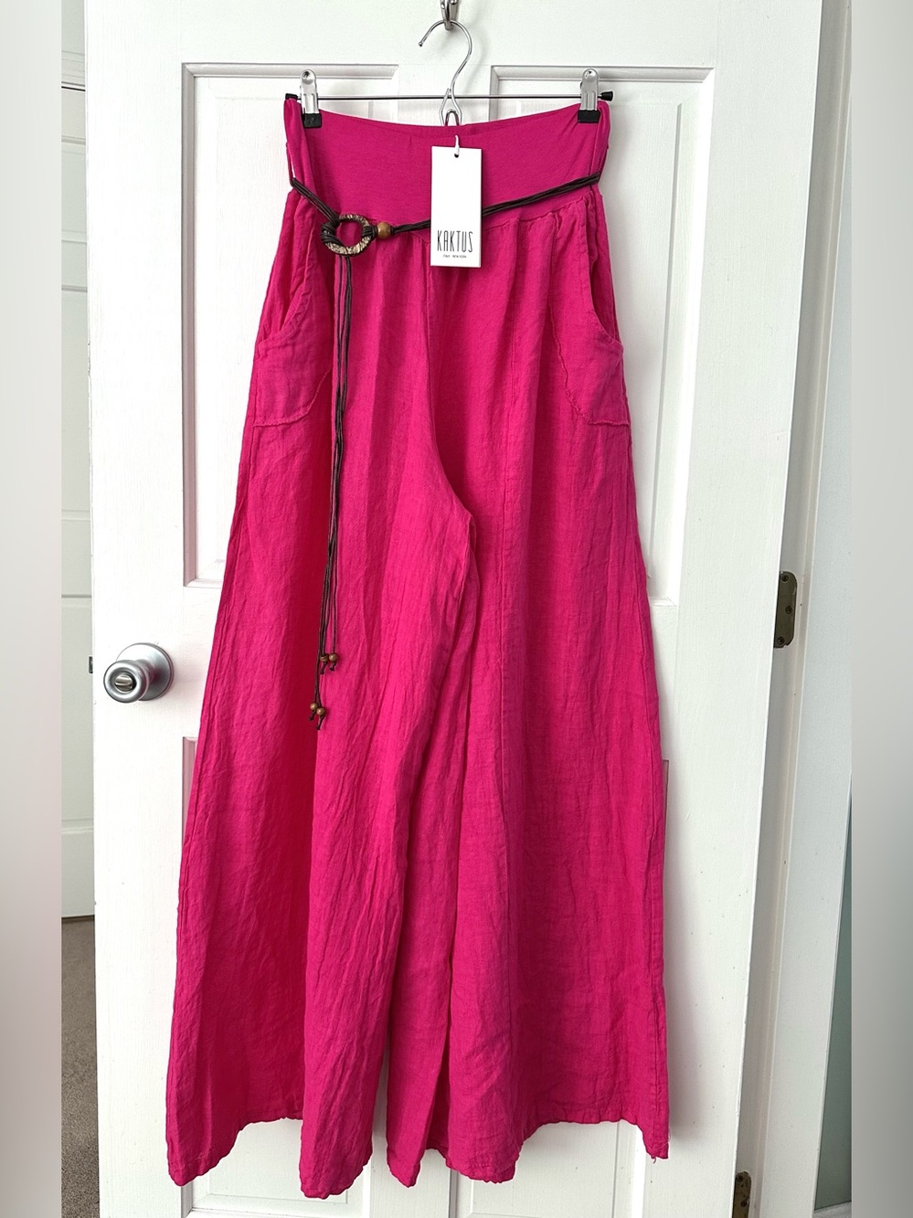 NEW! Kaktus Hot Pink Wide Leg 100% Linen Palazzo Pants Boho Belt Size L